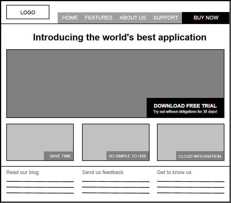 Website wireframe in greyscale wireframe — Mockup Builder